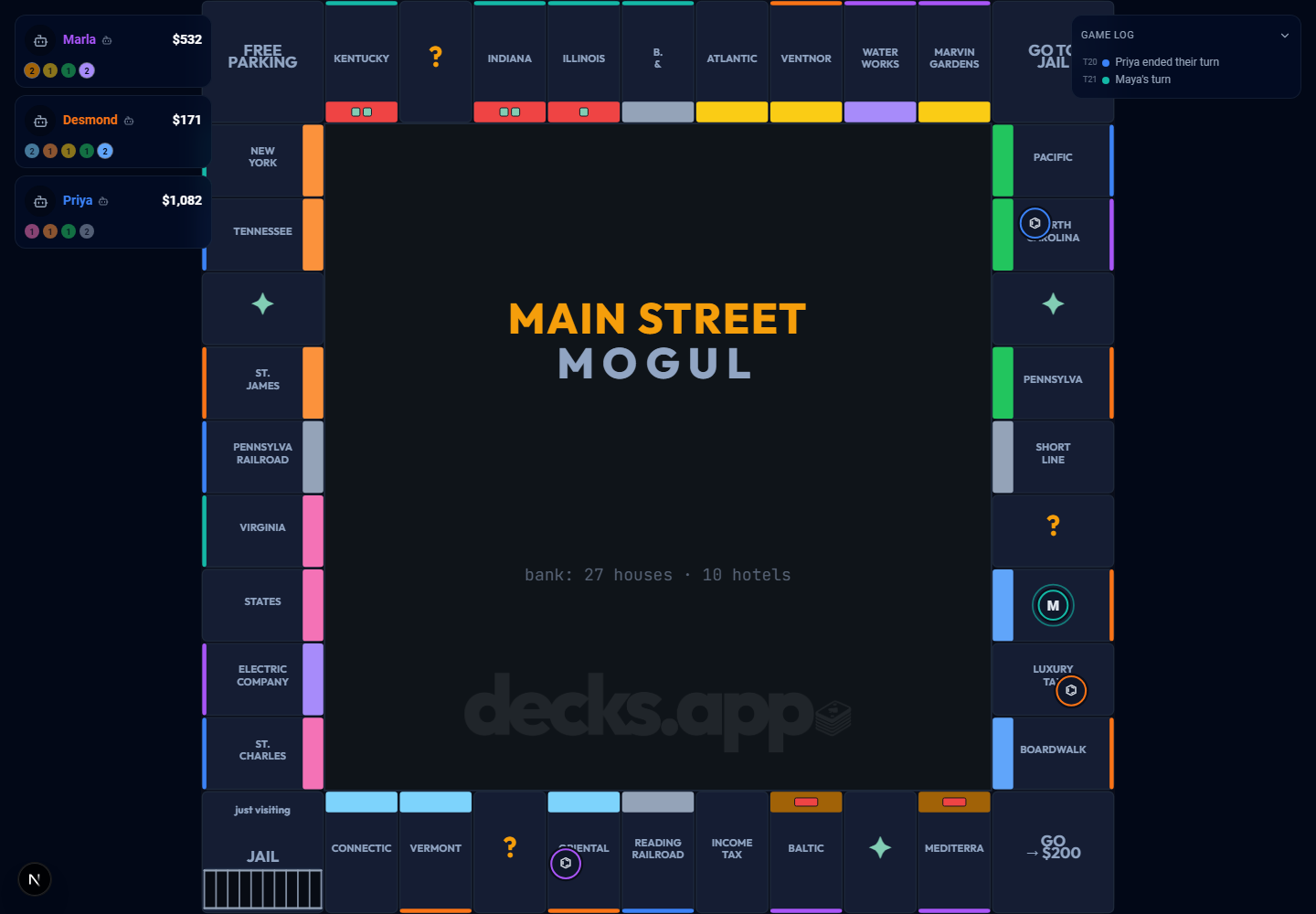 A Main Street Mogul board mid-game, showing the full property ring with owned deeds in player colours, houses on completed sets, and each player’s cash in a side rail.